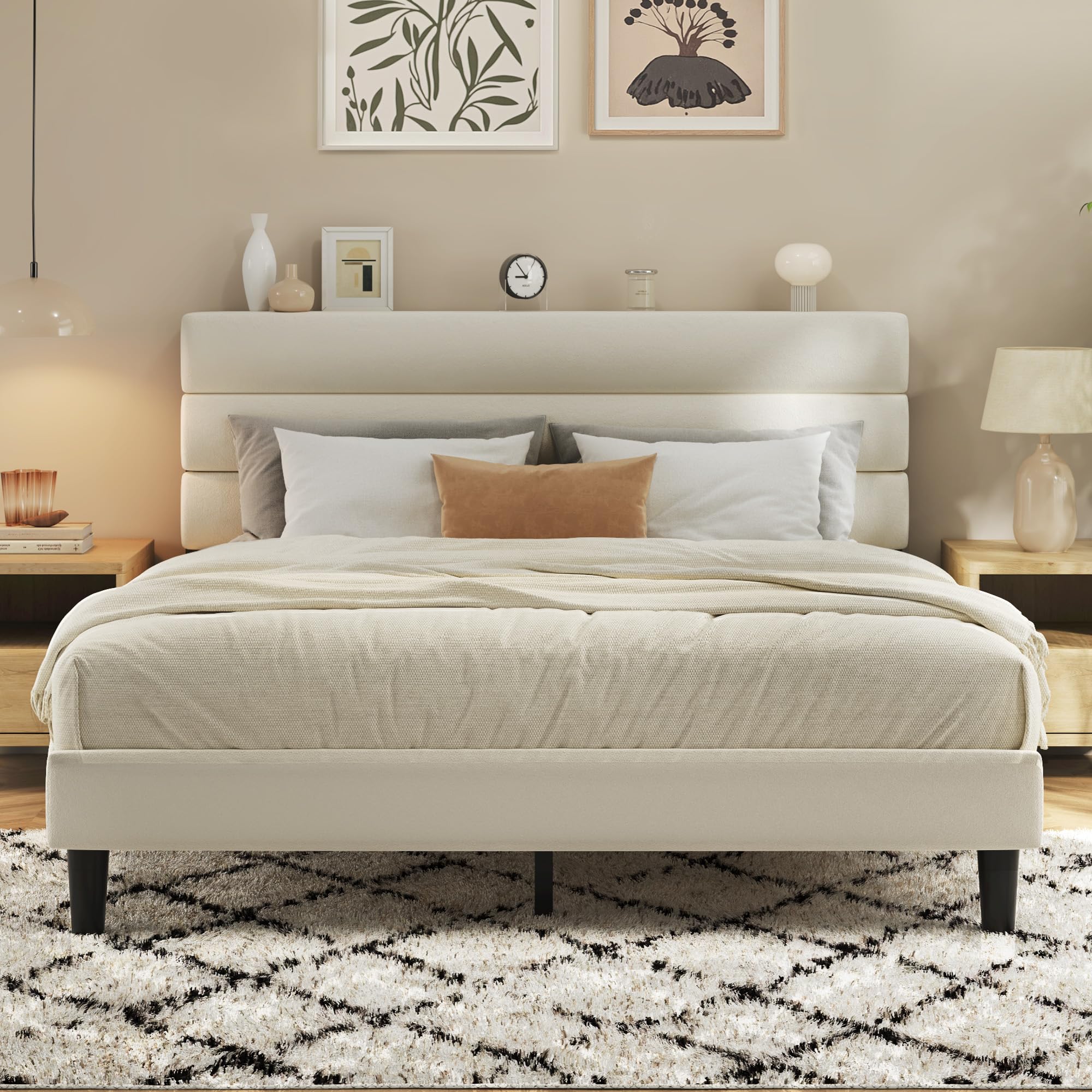 Photo 1 of *** STOCK PHOTO SIMILAR NOT EXACT ***Fluest Queen Bed Frame, Platform Bed Frame with Velvet Upholstered Headboard, No Box Spring Needed, Sturdy Metal Support, Noise Free, Easy Assembly, Modern Bedroom Furniture, Beige
