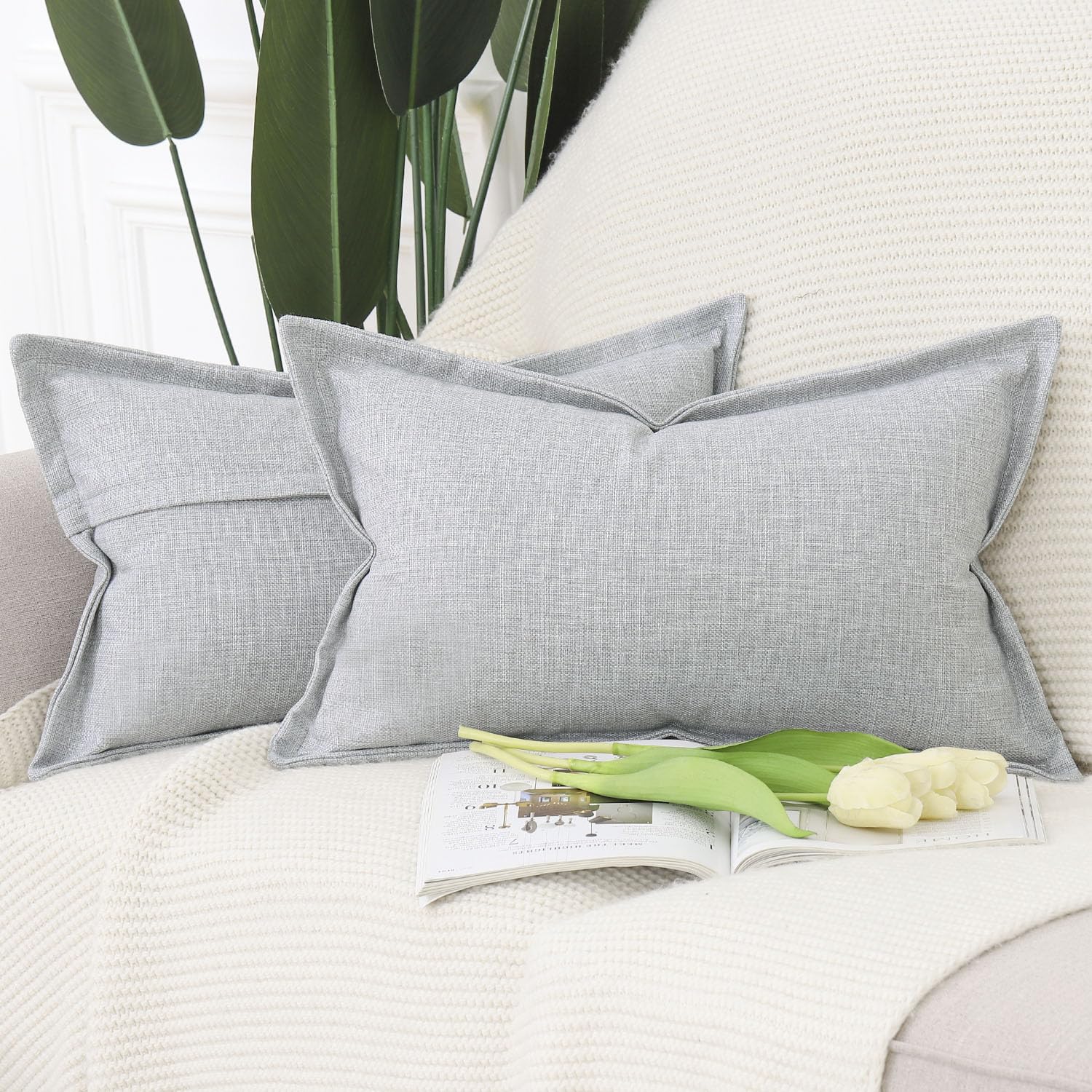 Madizz Set of 2 Faux Linen Cushion Covers with Broad Edge Soft Boho Decorative Pillow Cases for Sofa Bedroom Modern Pillow Shell 12x20 inch, 30x50 cm Grey Purple