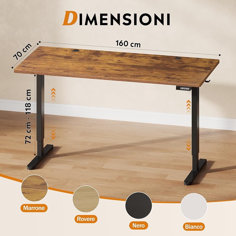 Scrivania Regolabile in Altezza Elettrica 160x70 cm, Scrivania Ufficio Ergonomica con Piano a 2 Sezioni, Funzione Memoria e Sistema Anticollisione, Altezza 72-118 cm,Marrone
