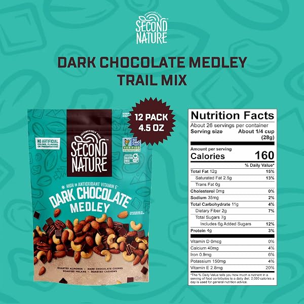 SECOND NATURE DARK CHOCOLATE MEDLEY TRAIL MIX, 4.5 OZ. RESEALABLE POUCH (PACK OF 12) – CERTIFIED GLUTEN-FREE SNACK MIX – DARK CHOCOLATE AND NUT TRAIL MIX IDEAL FOR QUICK TRAVEL SNACKS OR LUNCH SNACKS
