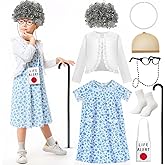 Jamntower 8 Pcs 100th Day of Old Lady Costume Blue Granny Dress Wig Glasses Necklace Accessories Outfit