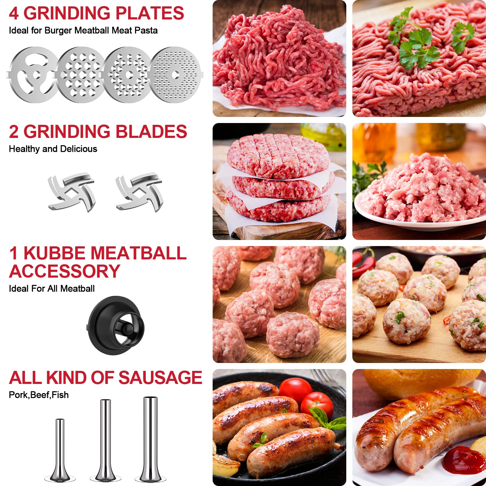 Metal Food Grinder Attachment for KitchenAid Stand Mixers, Meat Grinder for Kitchen Aid Included 3 Sausage Stuffer Tubes, 4 Grinding Plates, 2 Grinding Blades, Kubbe Meat Processor Accessories