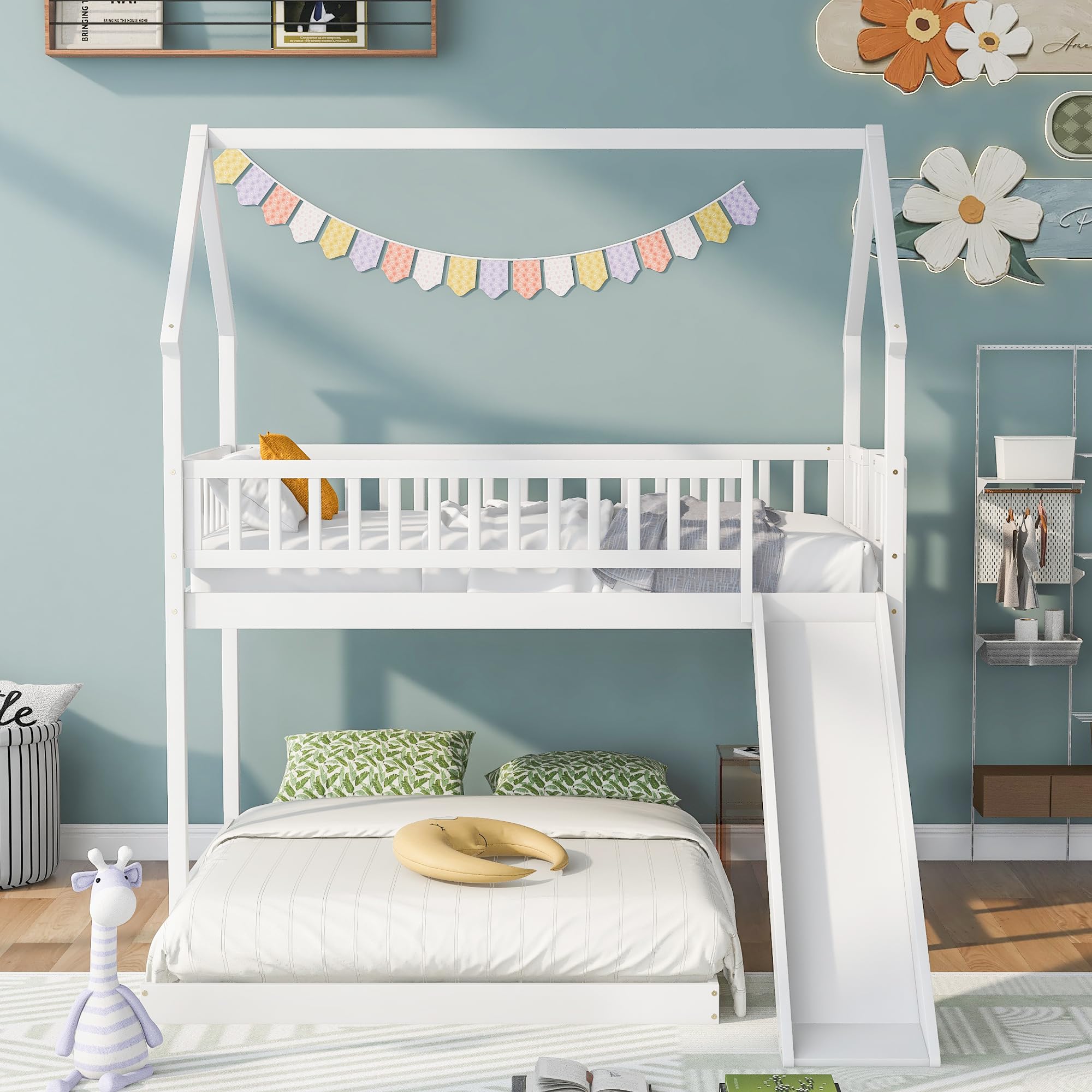 Bellemave Twin Over Full Bunk Bed with Slide and Built-in Ladder, House ...