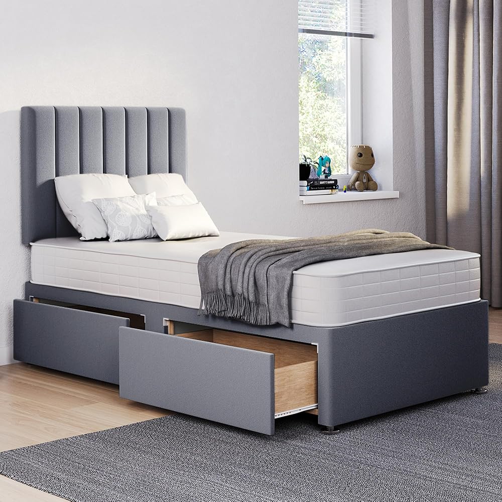 ComfoRest 3ft Single Bed with Mattress and 2 Drawers Grey Plush
