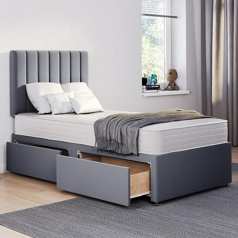 ComfoRest 3ft Single Bed with Mattress and 2 Drawers Grey Plush