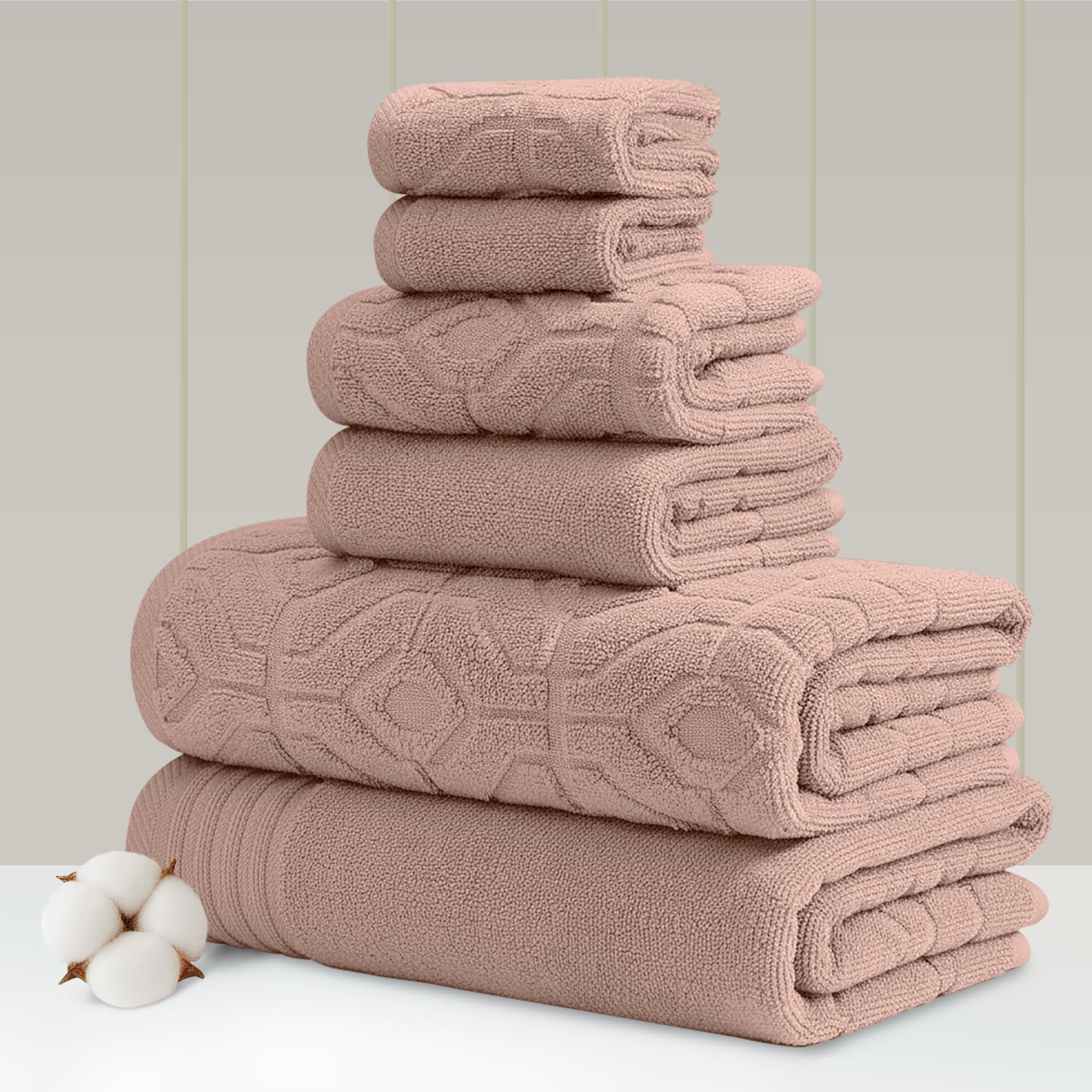 Modern Threads 6 Piece Set, 2 Bath Towels, 2 Hand Towels, 2 Washcloths Yarn Dyed Diamond Gate Jacquard Towel Set Dusty Rose