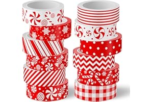Whaline Lot de 12 rouleaux de ruban de masquage Washi pour Noël, scrapbooking, journal, loisirs créatifs, rouge menthe poivré