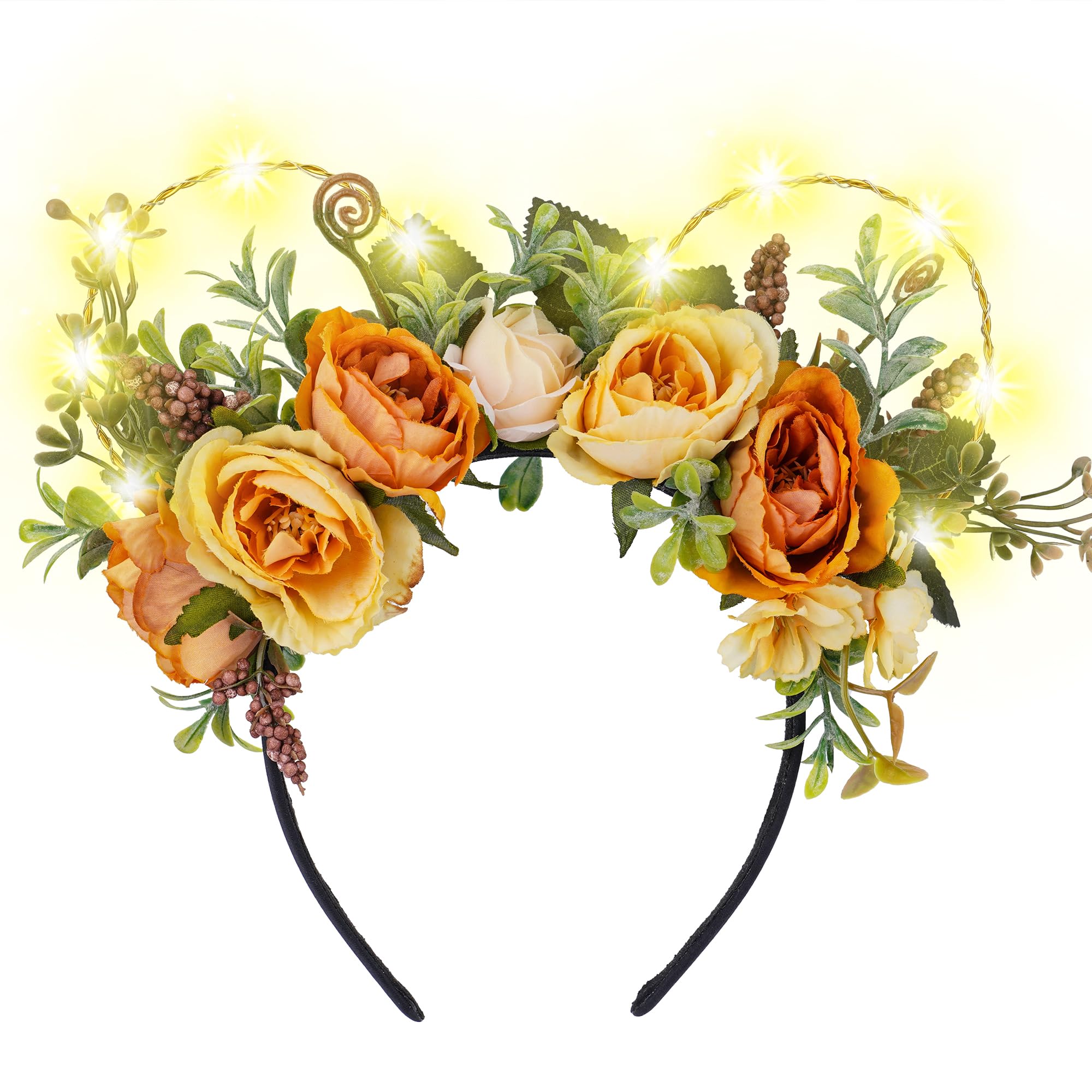 Photo 1 of VISSTREE Handmade LED Light Up Yellow Rose Mouse Ears Headband for Adult Women Girls Kids Park Floral Headwear Hair Hoop Daily Halloween Party Headdress Accessories