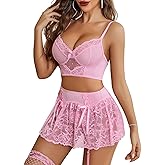 Avidlove Womens Lingerie Sexy for Women Mesh Lace Bra and Panty Thongs for 3 Piece Nightwear Set (Pink, Small)