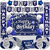 Blue and Silver Birthday Decorations, Brithday Party Decorations for Men Boys Women Girls with Blue Silver Happy Birthday Banner Tablecloth Backdrop Porch Sign Door Decorations Balloons