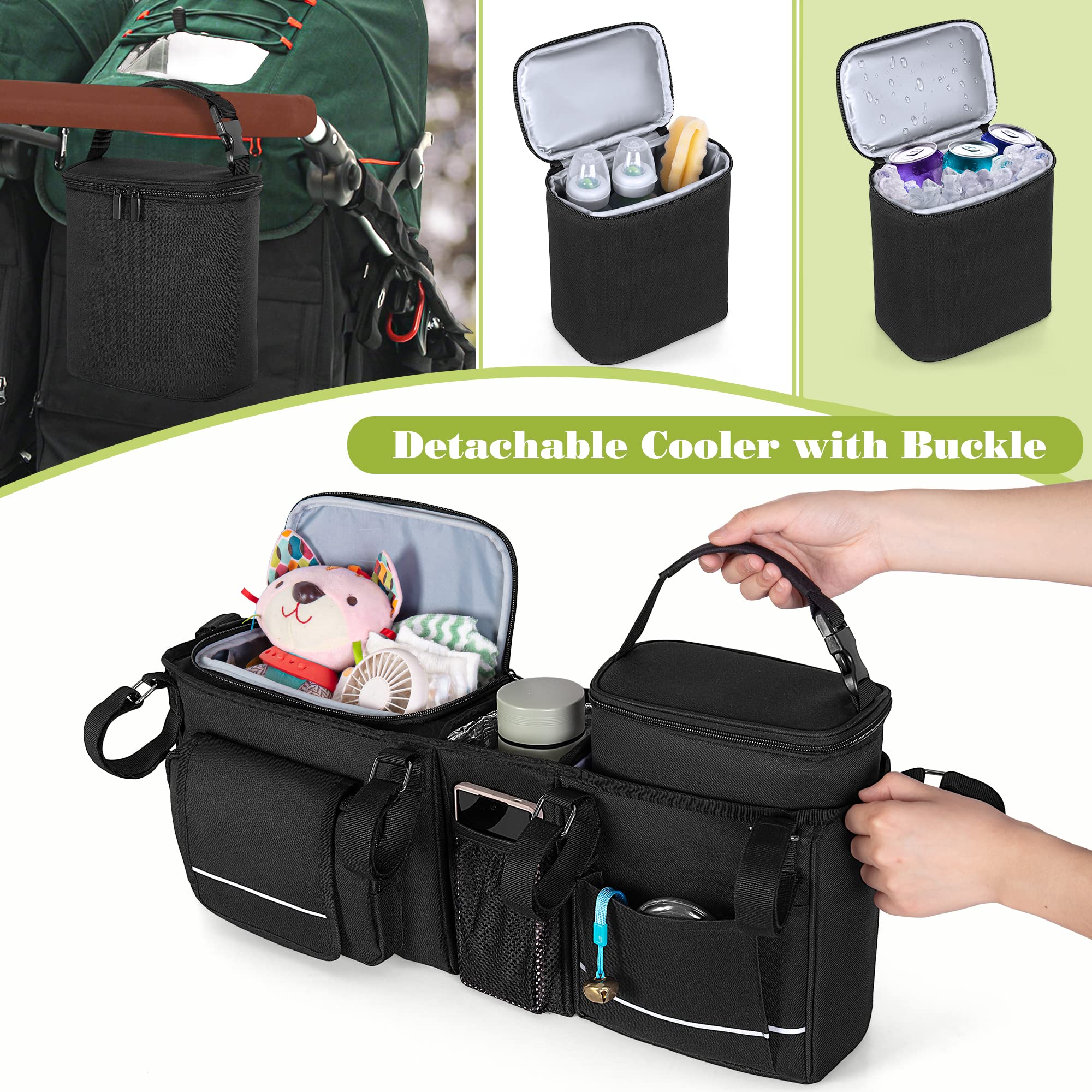 Double Stroller Organizer Compatible with BOB Duallie & Compatible with Baby Jogger City Mini GT2 Stroller, Double Stroller Parent Console with Detachable Cooler & Cup Holder, Patent Pending