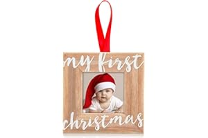 Pearhead Baby’s First Christmas Wooden Picture Frame Ornament, Newborn Milestone Keepsake Photo, Holiday Gift For New and Expecting Parents, Rustic My First Christmas Ornament