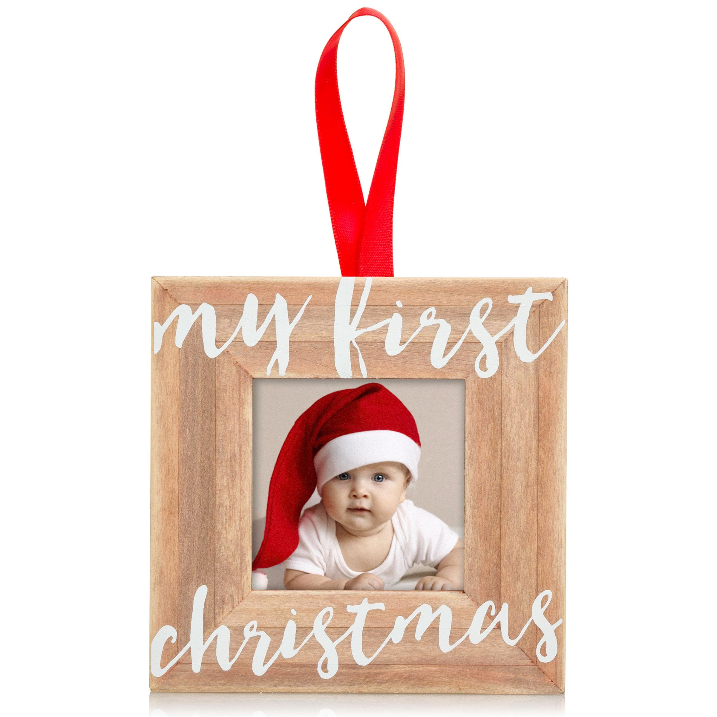 Pearhead Baby’s First Christmas Wooden Picture Frame Ornament, Newborn Milestone Keepsake Photo, For New and Expecting Parents, Rustic My First Christmas Ornament