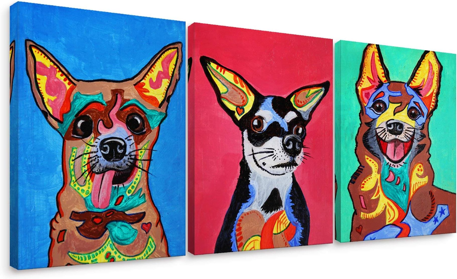 Niwo Art-Colorful Dogs, 3-Piece Animal Canvas Wall Art Home Decor,Framed Ready to Hang