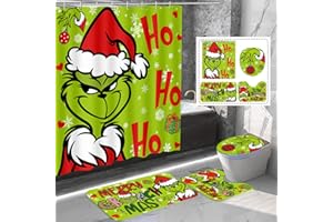 FASIBULEI 4 Pcs Christmas Bathroom Set, Christmas Shower Curtain Sets Ho Ho Ho Shower Curtain Non-Slip Rugs Toilet Lid Cover and Bath Mat Set 72 X 72 Inches with Hooks Christmas Holiday Bathroom Decor (styleC)