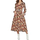 CYiNu Womens Floral Long Sleeve Midi Dress Deep V Neck Elastic Waist Boho Floral Dress for Women