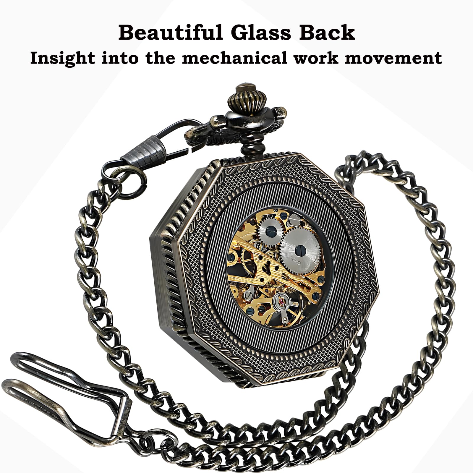 Carrie Hughes Men's Pocket Watch, Vintage Railroad Mechanical Hand Winding Pocket Watch with Chain, Bronze Numerals Octagon Steampunk Pocketwatch, Lucky Gifts for Men CHPW02