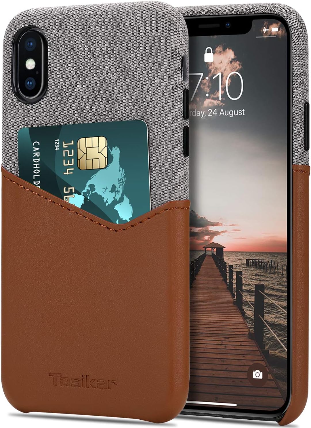 Tasikar Compatible with iPhone Xs Max Case Card Holder Slot Wallet Case Premium Leather and Fabric Design Compatible with iPhone Xs Max (Brown)