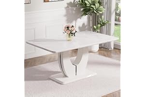 GOUJXCY Modern White Marble Dining Table for 4, Marble Kitchen Dining Room Table with White Marble Tabletop and Large U-Shape Pedestal Base Marble Dinner Table for Dining Room
