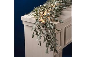 LampLust Lighted Garland Battery Operated, 6 Ft Frosted Mistletoe with Pearl Beads, 100 LED Lights & Timer, Spring Garland for Mantle All Year Round, Farmhouse Dining Table Decor, Spring Table Decor