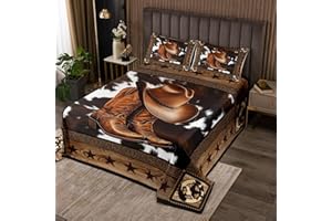 Manfei Western Cowboy Bedspread Queen Size,Western Texas Star Wooden Plank Rustic Coverlet Set,Boys Girls Adults Room Decor,Cow Fur Farmhouse Quilted Coverlet,Brown Retro Bedding Quilt,2 Pillowcases
