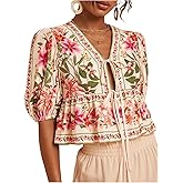 WDIRARA Women's Floral V Neck Puff Sleeve Blouse Boho Tie Front Ruffle Hem Peplum Top