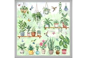 wondever Hanging Green Potted Plant Window Clings Tropical Botanical Cactus Bird Glass Sticker Decal Anti Collision Double-Side Static Window Stickers for Home Glass Window