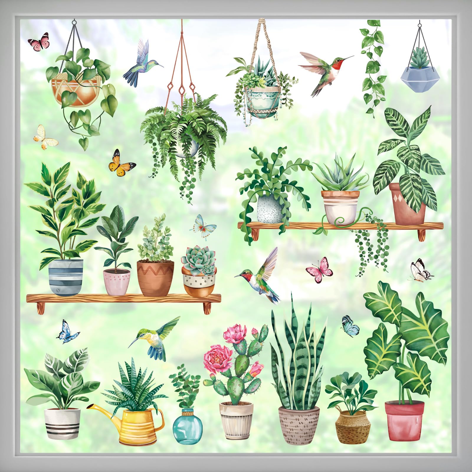 wondever Hanging Green Potted Plant Window Clings Tropical Botanical Cactus Bird Glass Sticker Decal Anti Collision Double-Side Static Window Stickers for Home Glass Window