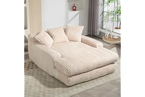 ZEIINPA Oversized Chaise Lounge Chair Indoor, Comfy Corduroy Fabric Sofa, Upholstered Reading Floor Sofa with Pillows, Frameless Sofa Bed Chair for Living Room, Bedroom(Beige)