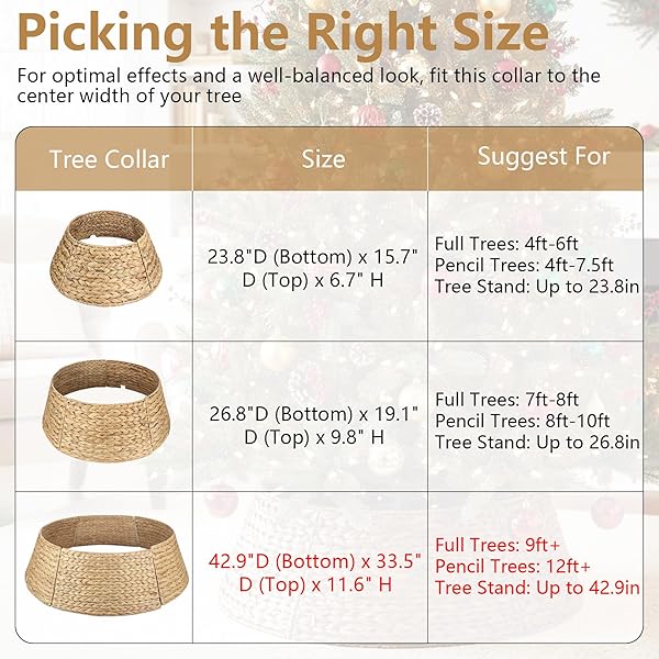 CHRISTMAS TREE COLLAR, EXTRA LARGE ROUND TREE COLLAR HYACINTH HANDWOVEN 42IN, CHRISTMAS TREE RING RATTAN WICKER RUSTIC CORD CUT OUT METAL FRAME DECORATION TO COVER ARTIFICIAL TREE (NATURAL)