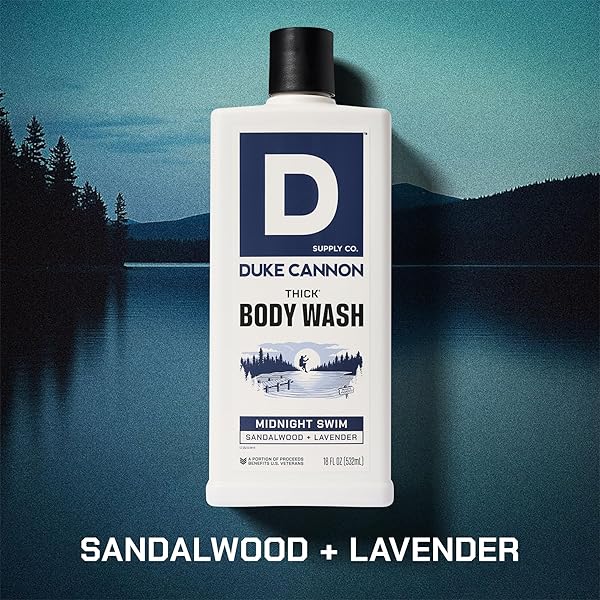 DUKE CANNON SUPPLY CO. THICK HIGH VISCOSITY BODY WASH – 3X THICKER, PLANT-BASED, MINERAL-ENRICHED BODY WASH FOR MEN – SANDALWOOD AND LAVENDER – MENS BODY SCRUB – MIDNIGHT SWIM (18 OZ)