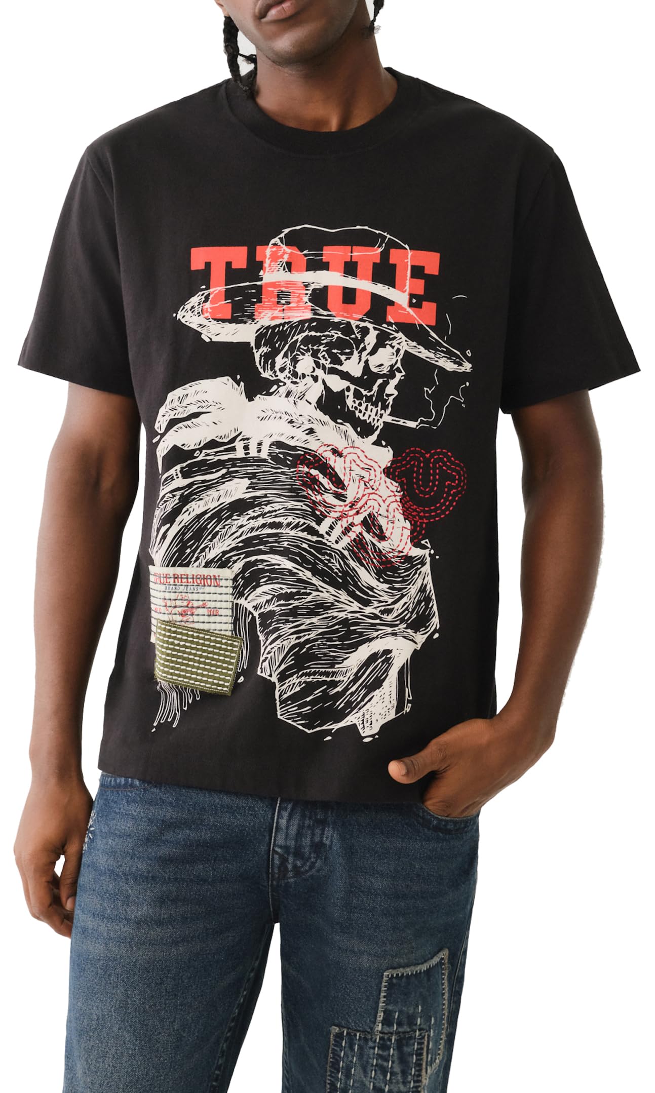 True Religion Men’s SS Yellow Stone SASHIKO TEE, Jet Black