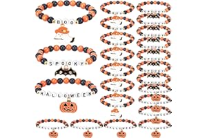 Liliaafar 24 Pcs Halloween Bracelets Party Favors Spooky Boo Acrylic Beaded Stretch Bracelets with Enamel Pendant Pumpkin Ghost Bat Charm Jewelry for Halloween Party Gift(Orange and Black)