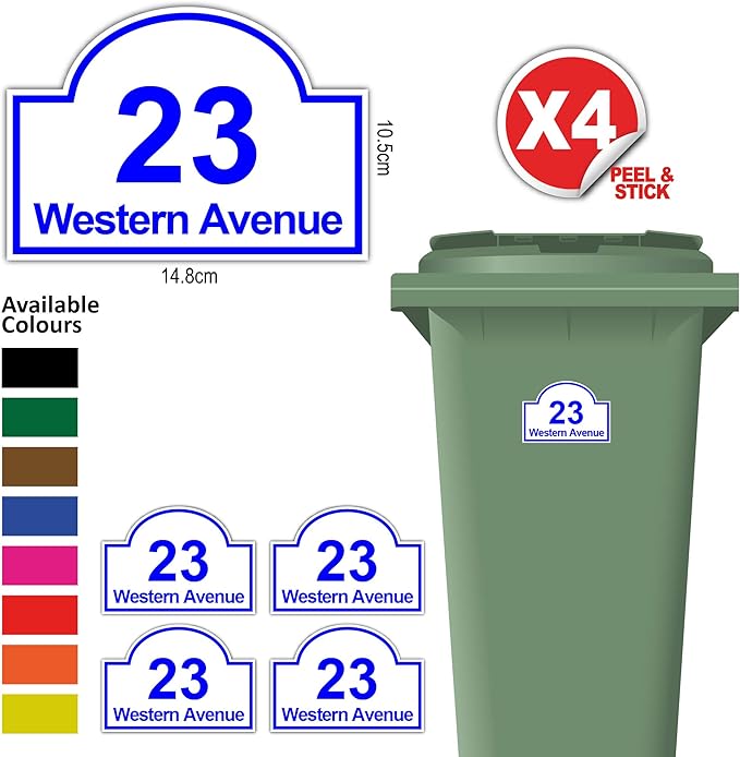 Pack of 4 Personalised Printed Wheelie Bin Number Stickers with House Number And Street Name