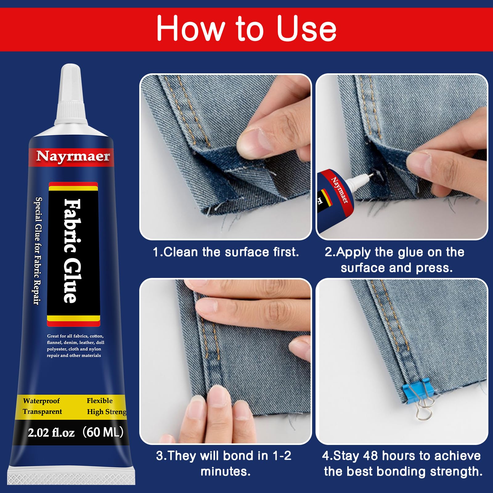 Fabric Glue, Permanent Clear Washable Clothing Adhesive for All Fabrics, Cotton, Flannel, Denim, Leather, Polyester, Doll Repair, 24 Hours Dry and Waterproof (FG60g)