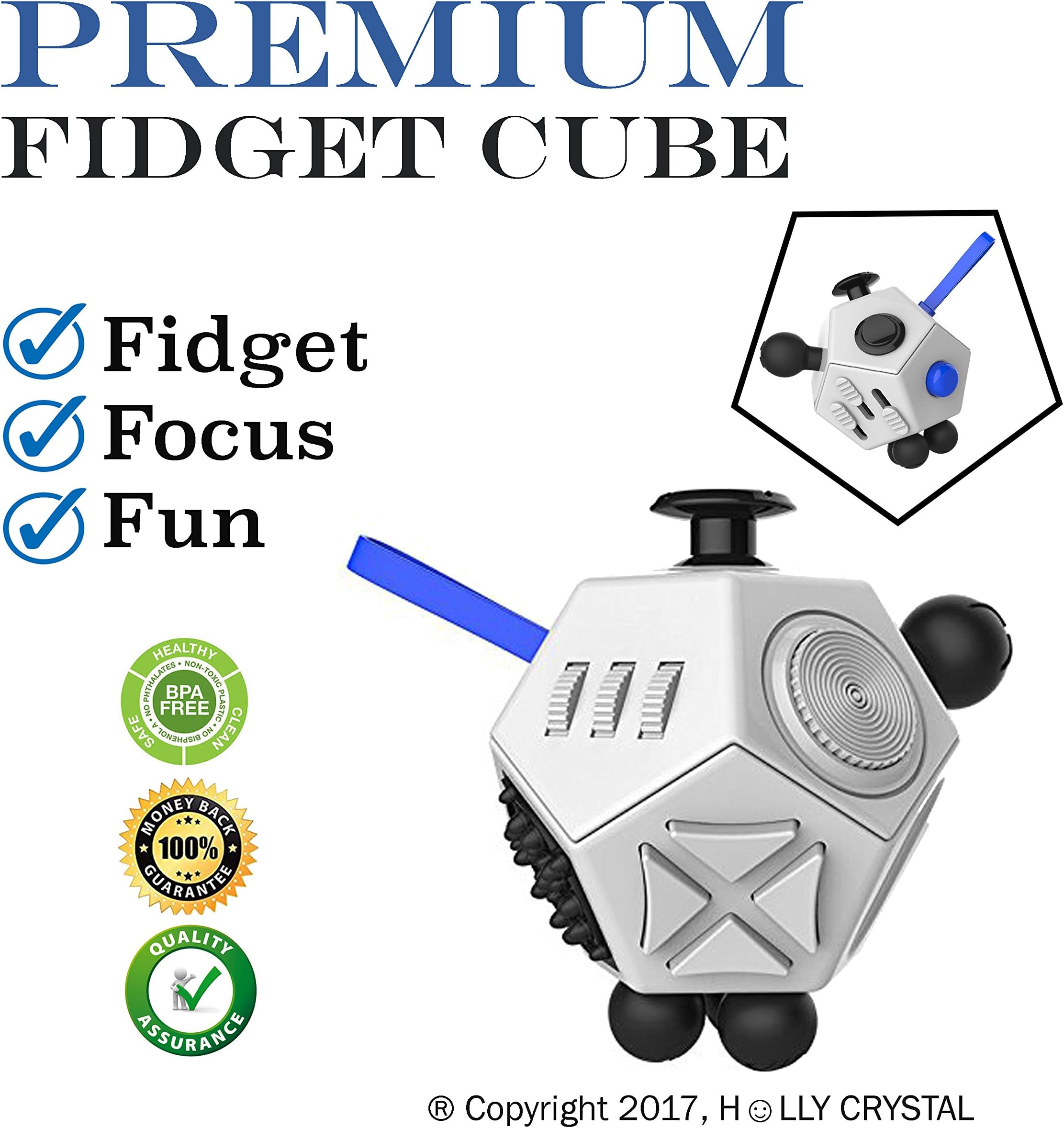 HโบLLy Crystal 12 Sided Fidget Cube Anti Anxiety Toy - Quality Office Desk Toy Relieves Stress Increase Focus and Attention, Best for Adults and Children with OCD ADHD ADD Autism (White) (White)