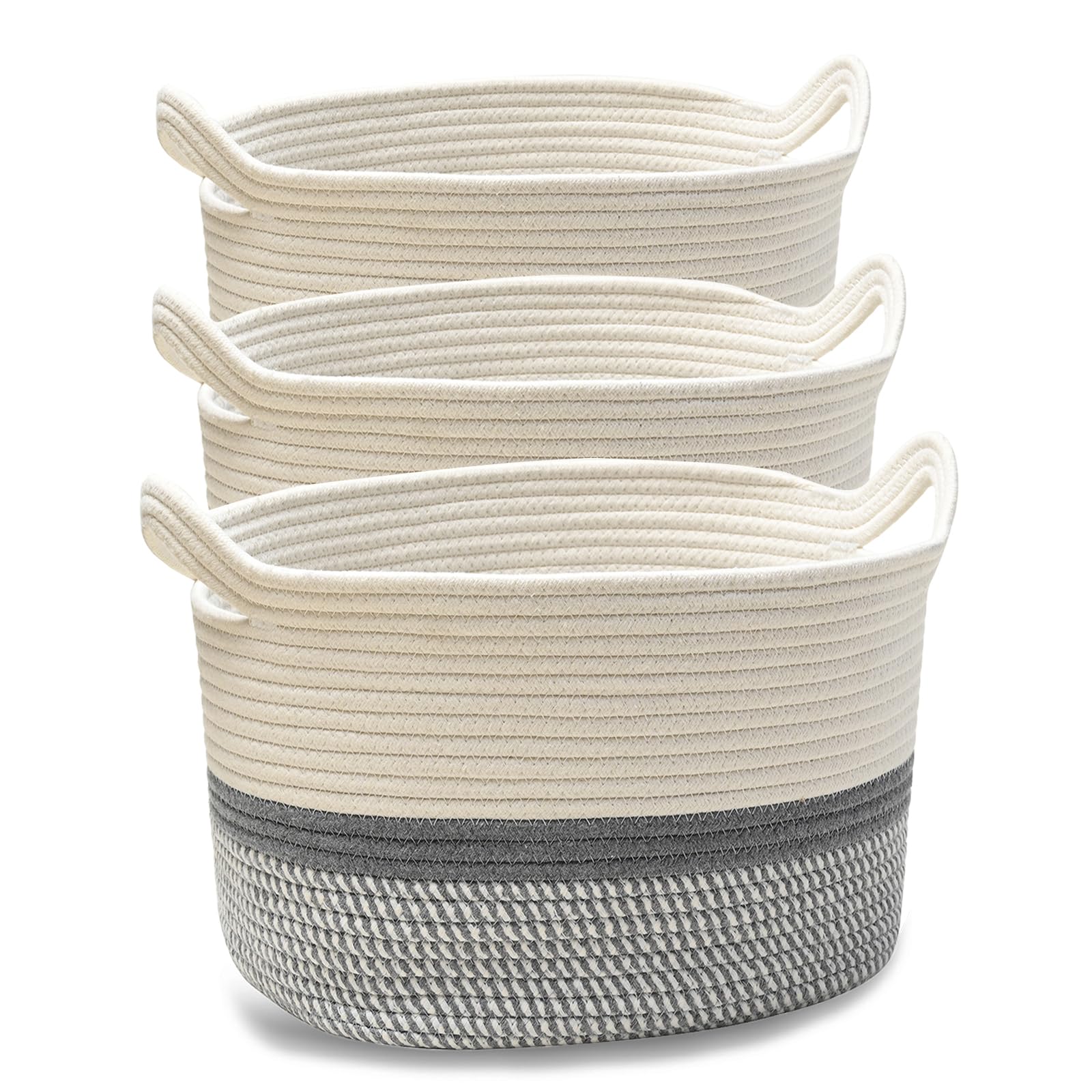 Photo 1 of JIA QAQ Square Cotton Rope Samll Baskets With Handles for Toys, Household, Nursery, Handcrafted Woven Gift Baskets for Storage and Organization,13.5x11x9.5inch (3pack-grey)