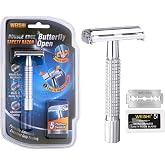 WEISHI Double Edge Safety Razor for Men and Women, Twist to Open | Butterfly Open, Vintage Brass Wet Shave Razor, 5 Stainless Razor Blades, Single Blade, Chrome Short Handle, Reusable