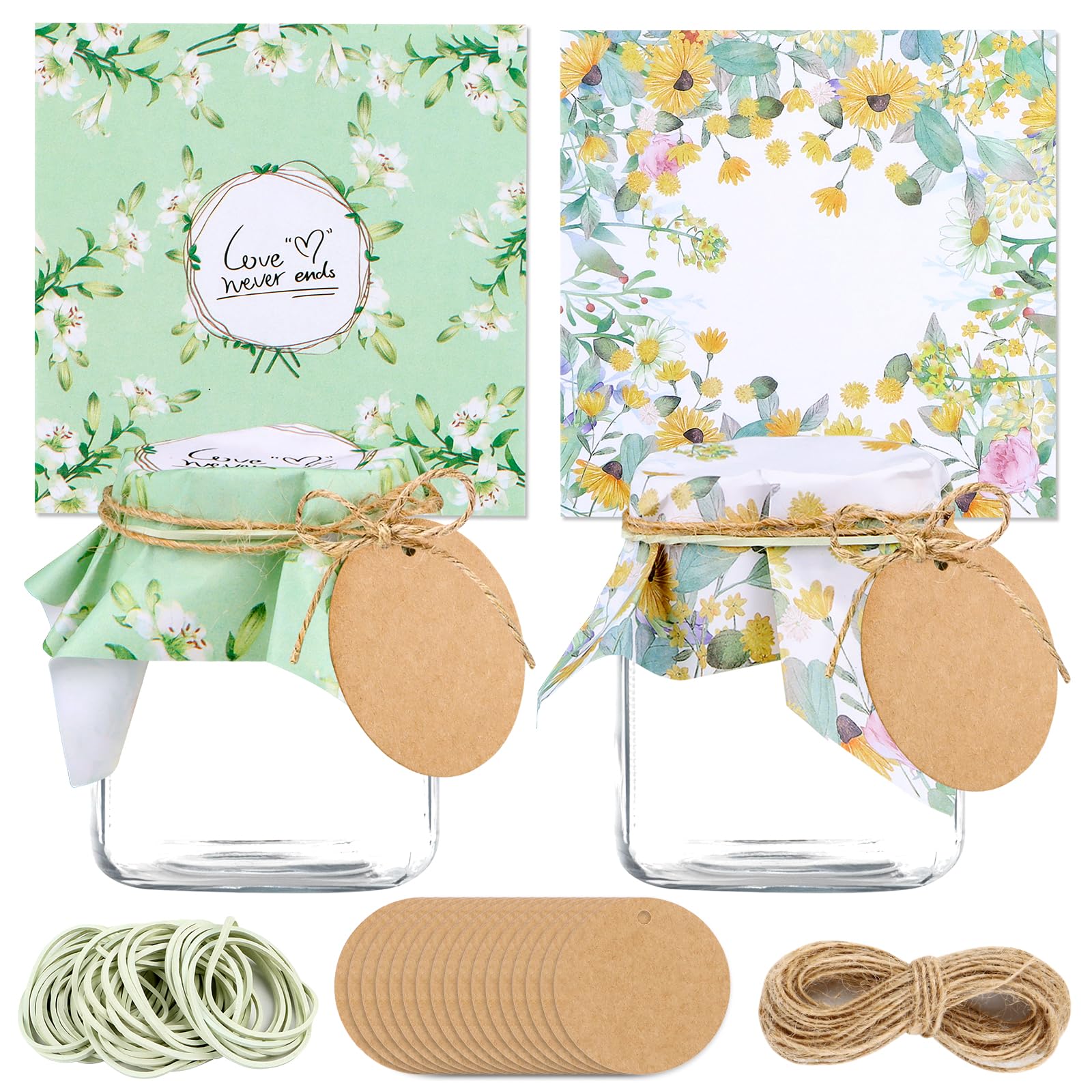 Fonyet 100 Jam doily Christmas Set Jewellery and Fabric for Preserving Jars, 40 Gift Tags, 10 m Jute Yarn and Adjusting Rubber