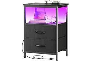 Huuger Night Stand with Charger Station and LED Lights, 2 Drawer Nightstand, Bed Side Table with Open Shelf, End Table, Fabric Dresser for Bedroom, Black