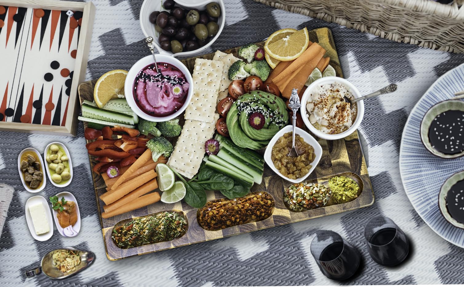 Acacia End Grain Cutting Board (17x13x1.5in), Butcher Block - Reversible Multipurpose Chopping Board with Juice Groove, Cracker Holder & Inner Handles