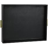 HofferRuffer Extra Large Serving Tray with Handles, Elegant Faux Leather Storage Decorative Tray for Coffee Table, Ottoman, Console Table, 20 x 16 x 2.2 inches (Black Tray+Golden Handle)