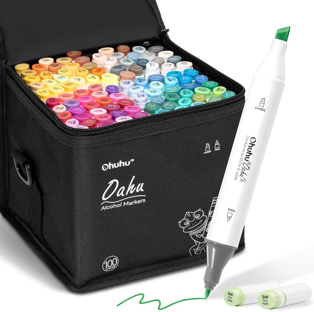Ohuhu 100 Color Alcohol Markers Dual Tips Chisel Fine Refillable AP Cert