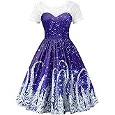 Women's Christmas Lace Short Sleeve Holiday A Line Knee Length Dress
