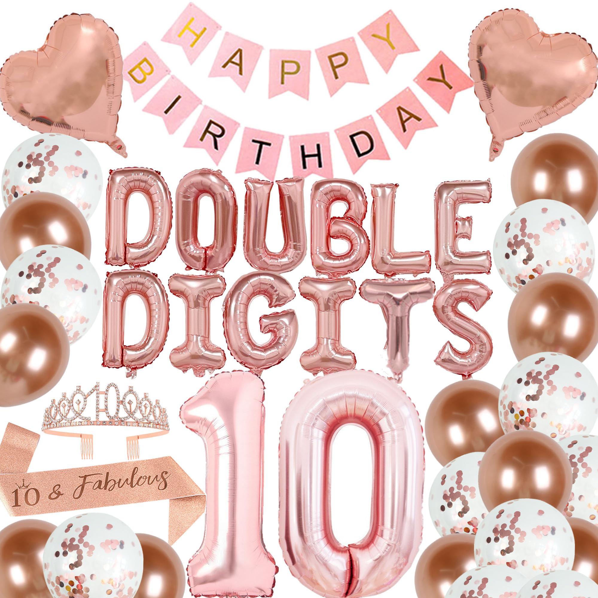 Photo 1 of 40 Pieces 10th Birthday Decorations Double Digits Party Balloons Happy Birthday Banner Number 10 Rose Gold Foil Balloons Latex Balloons for 10 Year Old Girls Party (Rose gold)