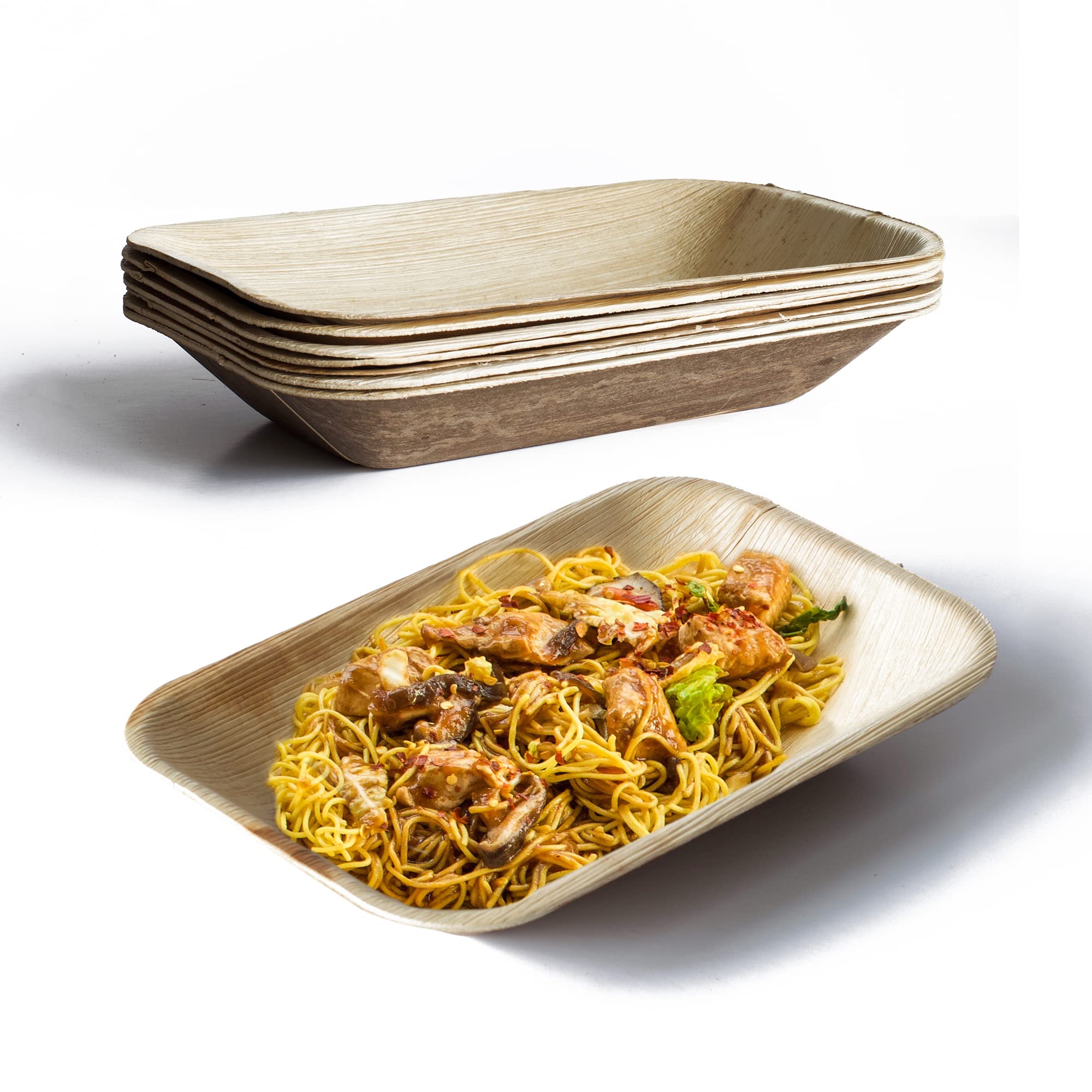 DISPOSABLE GREEN – Rectangle Disposable Serving Dishes, Areca Serving Tray, Serving Platter for Parties, Weddings, Catering, & More, Serving Plate for Hot & Cold Food, 23L x 16W x 3.5D cm, 25-pcs