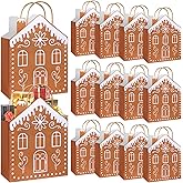 Kolldenn 24 Pcs Kraft Christmas Gingerbread Paper Gift Bags with Handles Reusable Gingerbread House Shaped Goodies Treat Candy Bags Bulk 10.6 x 3.1 x 7.1 Inch for Wrapping Holiday Xmas Party Favors
