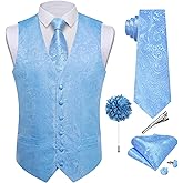 DiBanGu Mens Paisley Vest Tie Set with Lapel Pin Tie Clip 7PCS Silk Woven Necktie and V-Neck Suit Waistcoat for Tuxedo Party