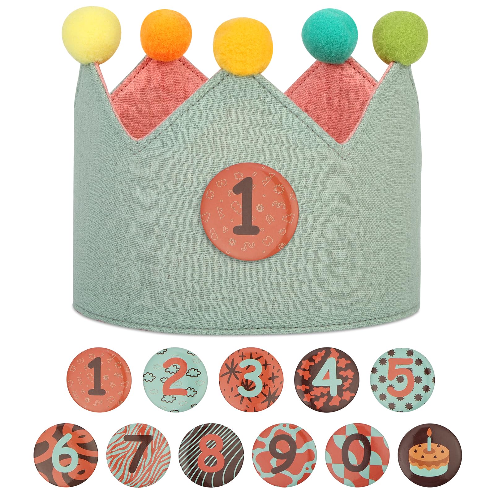 URAQT Birthday Crown for Kids, Reversible Birthday Crowns for Kids with 0-9 Replaceable Number Badges Felt Crowns Hats Fabric Crown for Boys Girls（Light Green + Pink）
