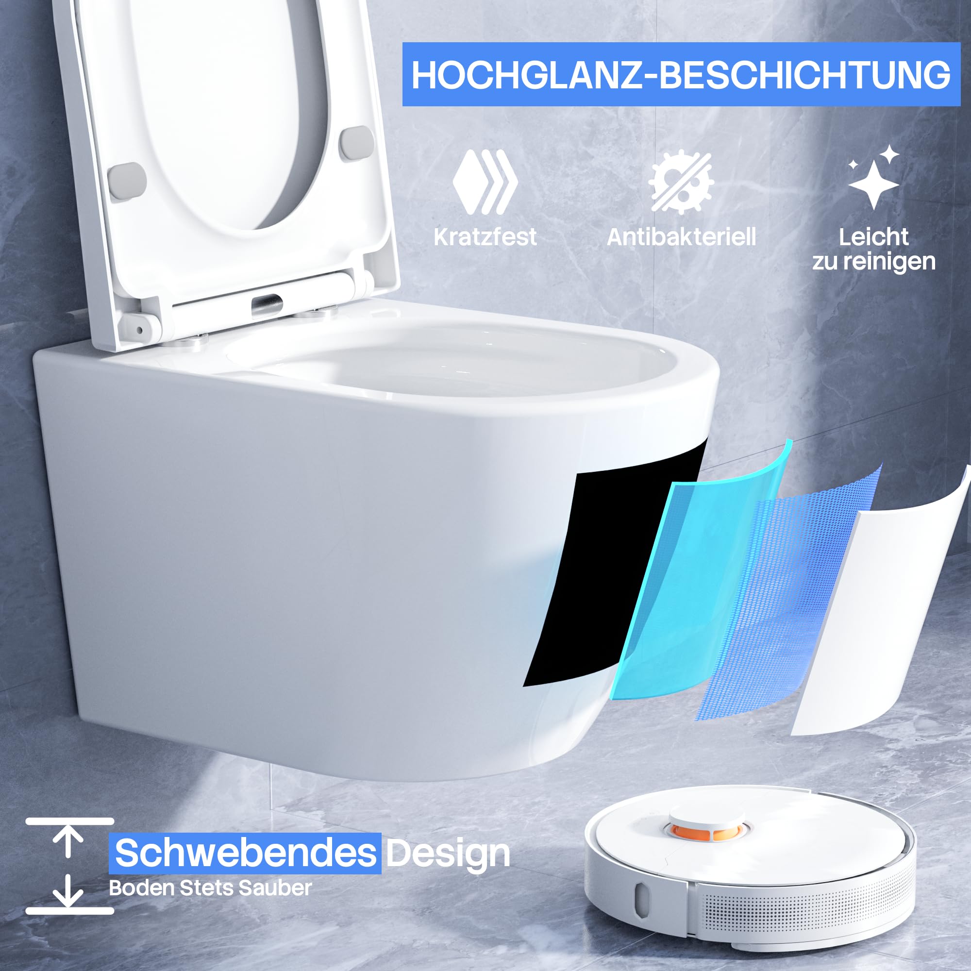 NeoArt Spülrandloses Hänge-WC, Leises Und Wassersparendes Hochleistungs-Spülsystem, Wand-WC Mit Abnehmbarem WC-Sitz Mit Absenkautomatik, Mehrere Farben Verfügbar,49.5 cm (Weiß) 5
